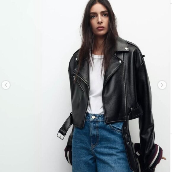 Zara Faux Vegan Leather Biker Jacket Black Size Large - Picture 8 of 8